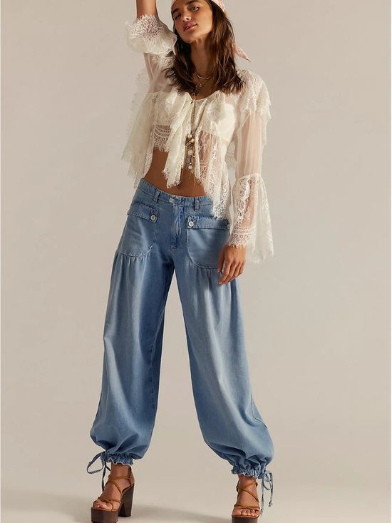 Free People Denim - Free People Light Blue Wide-Leg Drawstring Hem Jeans